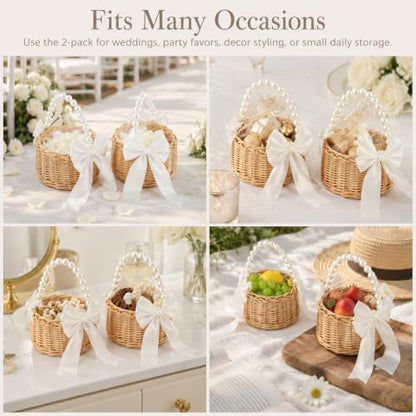 Wicker Flower Girl Basket Set with Pearl Handle & Bow for Wedding Decor