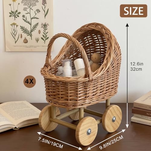 Light Brown 4-Piece Wicker Baby Carriage Set for Baby Shower Decor