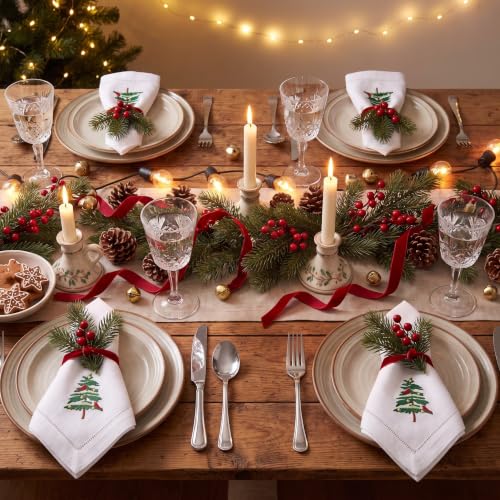 Christmas Tree Embroidered Cocktail Napkins - Set of 6, White