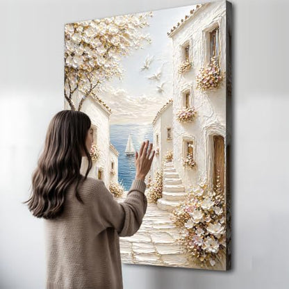 32x48 Coastal Village Pathway Canvas Wall Art - Mediterranean Scene