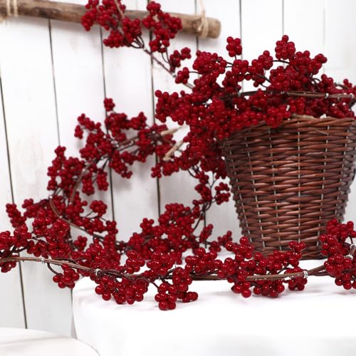 Large Red Berry Garland - 2 Pack, 56 Inch Artificial Christmas Decor for Fireplace & Mantel