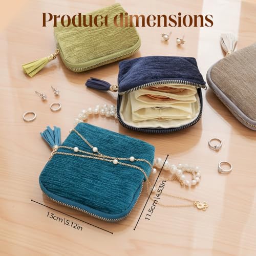 Moss Green Chenille Jewelry Case with Zippered Compartments Travel Organizer