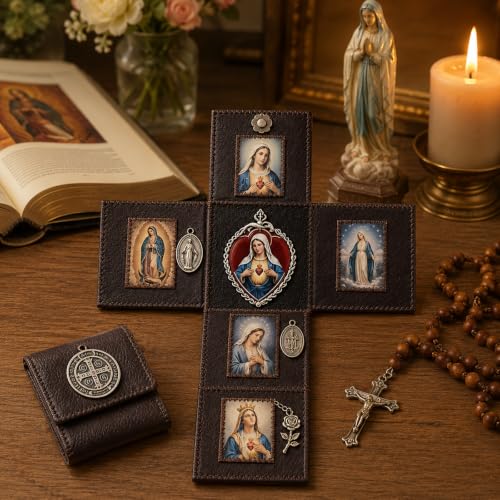 Brown Hand Sewn Leather Catholic Pocket Shrine Portable Mini Prayer Altar with Sacred Art & Medals