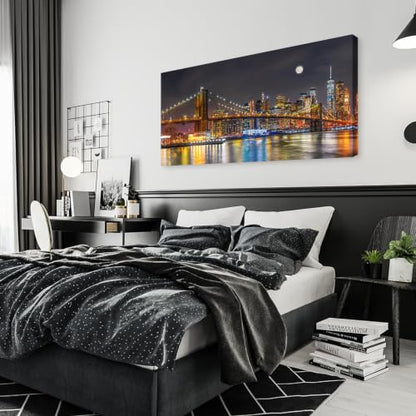 Brooklyn Bridge Night Skyline Canvas Wall Art - 58x29 Inches Colorful