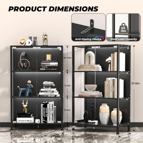 3-Tier Glass Display Cabinet with RGB Lighting and Lockable Doors