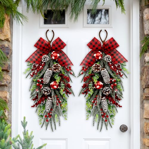 Christmas Teardrop Swag Decorations - Red Checked Bow, Pinecones & Bells, 28 Inch - Green Variation