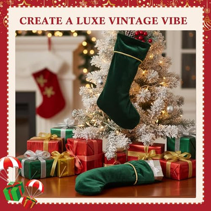 Dark Green Velvet Christmas Stockings Set of 4 - 18 Inch Holiday Decor