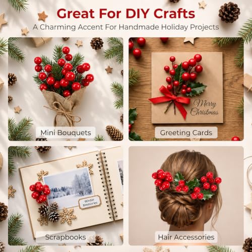 Artificial Holly Berry Picks - Red Foam Holiday Decorations for Wreaths & Crafts, 200 pcs