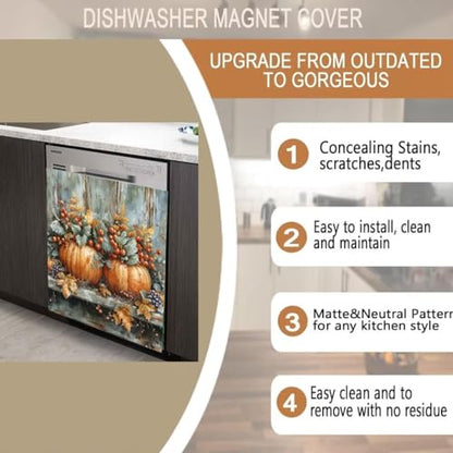 Autumn Harvest Pumpkins Magnetic Dishwasher Door Cover - 23 x 26 Inches, Fall Red Fruits Design