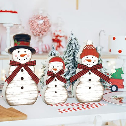 Christmas Snowman Wooden Table Decorations Set - Rustic Holiday Farmhouse Centerpiece