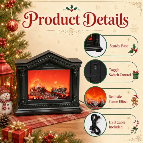 Fake Fireplace Lamp with LED Flame Effect - Black - Realistic Cozy Decor