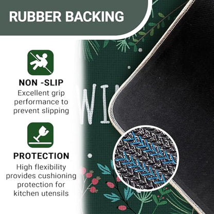 Hello Winter Green Kitchen Rugs Set of 2 - Botanical Pine Needle, Non-Slip Decor