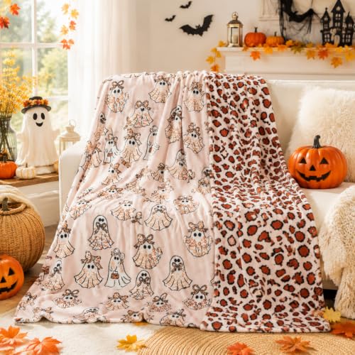 Halloween Leopard Print Ghost Throw Blanket 60x50 Inch - Cozy Reversible Decor