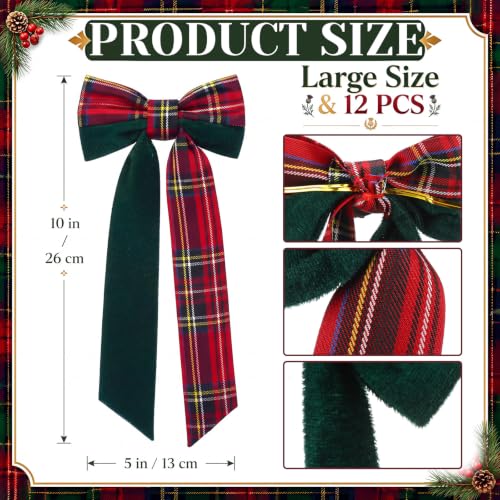 12 Pack Christmas Tartan Plaid Velvet Bows 10x5 Inches Holiday Decor