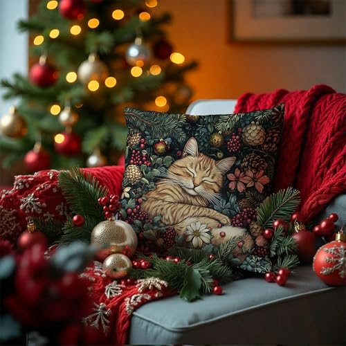 E-Tabby Cat Christmas Decor Pillow Cover 18x18 Rustic Floral Holiday Throw Pillow