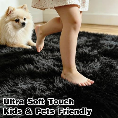 Black 8x10 Area Rug for Living Room & Bedroom Soft Fluffy Fuzzy Fur Shag