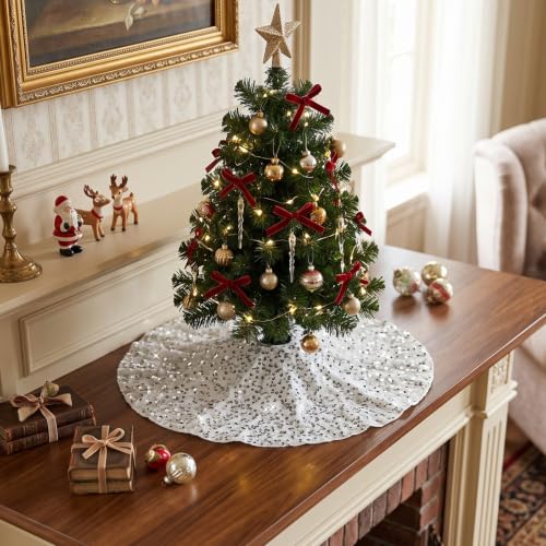 White Velvet Christmas Tree Skirt with Silver Sequins 24 Inch - Holiday Decor