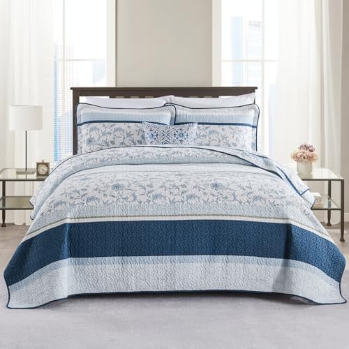 Oversized King Cotton Quilt Set with 2 Pillow Shams, Floral Design, Navy/Light Blue/White