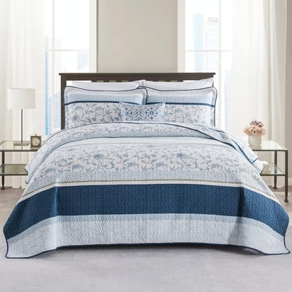 Oversized King Cotton Quilt Set with 2 Pillow Shams, Floral Design, Navy/Light Blue/White