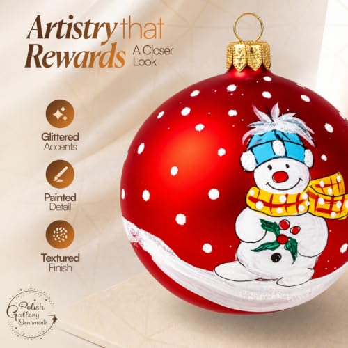 Hand Blown Glass Christmas Ornament Ball - Snowman & Mistletoe Red 3 Inch - Variation of Red / 80mm / 3inch