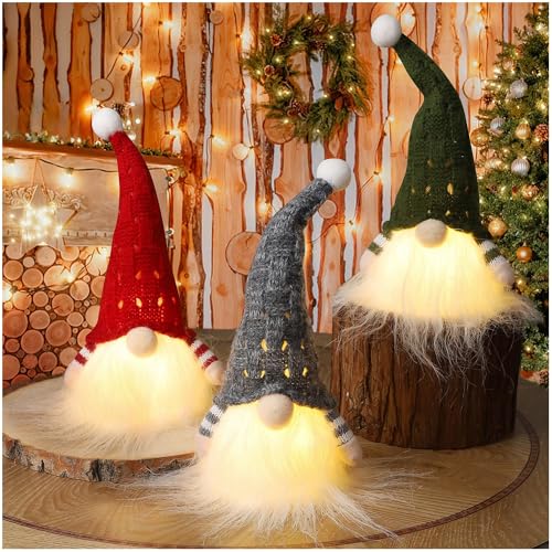 Lighted Christmas Gnome Decor Set of 3 - Handmade Mini Holiday Figurines