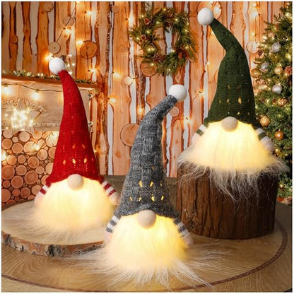 Lighted Christmas Gnome Decor Set of 3 - Handmade Mini Holiday Figurines