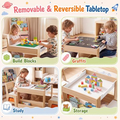 Costzon 4 in 1 Kids Activity Table and Chairs Set - Natural & Green, Reversible with Building Blocks, Storage