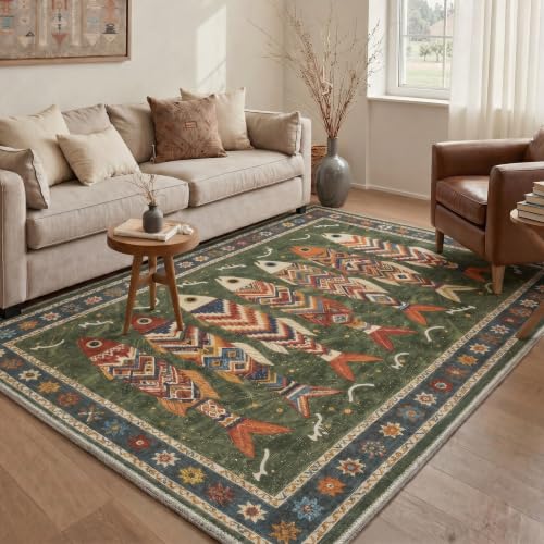Fish Pattern Washable Area Rug - Non-Slip Boho Style Indoor Mat