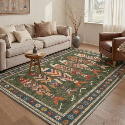 Fish Pattern Washable Area Rug - Non-Slip Boho Style Indoor Mat