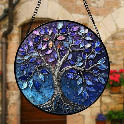 Blue Purple Tree of Life Stained Glass Window Hanging Suncatcher 7.8 Inch - Vibrant Home Decor