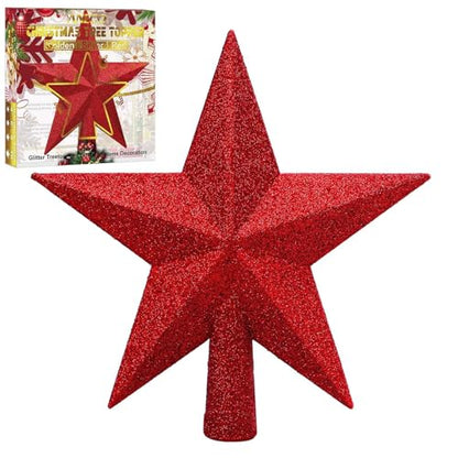 Aneco Red Glitter Christmas Tree Topper 6 Inch Shatterproof Star Treetop