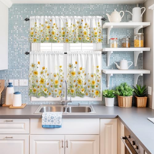 Yellow White Daisy Kitchen Curtains Set - Small 24 Inch Length, Farmhouse Style, Rod Pocket Window Tiers and Valance - Pack of 3