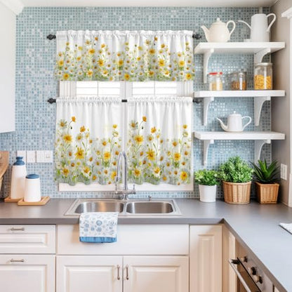 Yellow White Daisy Kitchen Curtains Set - Small 24 Inch Length, Farmhouse Style, Rod Pocket Window Tiers and Valance - Pack of 3
