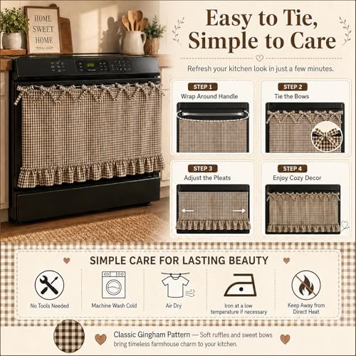 Farmhouse Oat Gingham Oven Skirt Curtain with Tie Top - Handmade Kitchen Decor