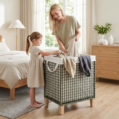 Double Laundry Hamper with Lid and Wood Feet, 120L Handwoven Basket