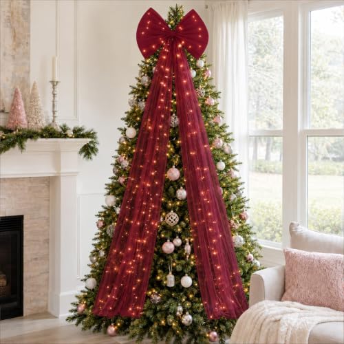 Burgundy Lighted Christmas Bow 71 Inch Tulle Tree Topper with Timer - Burgundy