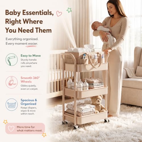 Beige 3-Tier Rolling Diaper Caddy Cart with Wheels & Removable Dividers - Baby Organizer
