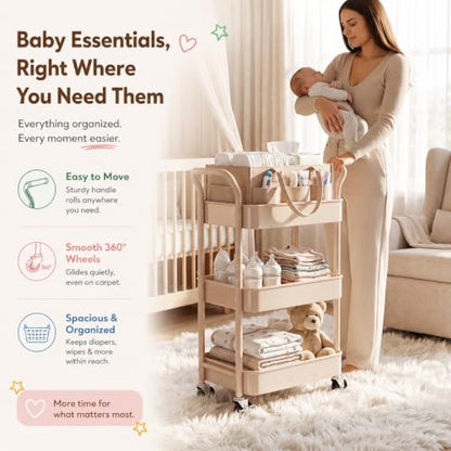 Beige 3-Tier Rolling Diaper Caddy Cart with Wheels & Removable Dividers - Baby Organizer