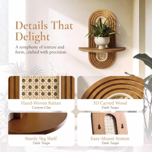 Walnut Boho Rattan Floating Wall Shelf - Mid-Century Plant Display