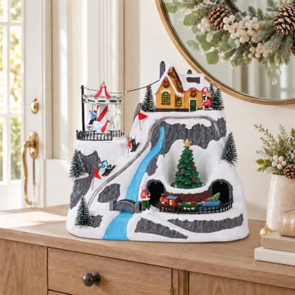 VCUTEKA Christmas Village Houses with Ski Slope, Moving Train & Carousel - Ski Peak Variation
