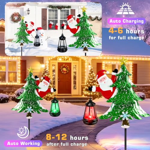 Solar Christmas Tree Stakes with Lantern - Santa & Tree Outdoor Yard Decor (2 Pack)