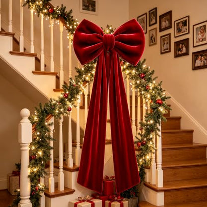 Christmas Tree Topper Bow - Red Velvet 15.8 x 78 Inches Extra Long Holiday Decor