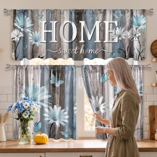 Farmhouse Daisy Kitchen Curtains and Valances Set Teal - Home Decor