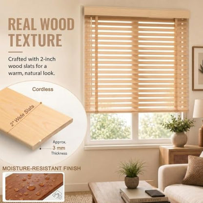 Brown 2-Inch Wooden Slat Cordless Window Blinds - Indoor Horizontal Shades