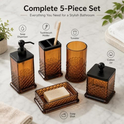 Amber Glass Bathroom Accessory Set - 5-Piece Vintage Style Accessories