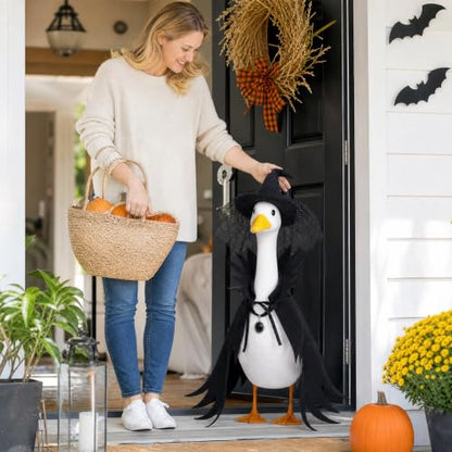 Halloween Witch Porch Goose Costume with Lace Spider Web Hat - Black2