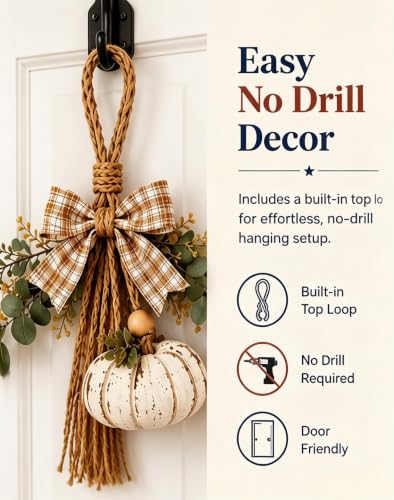 Rustic White Pumpkin Swag with LED Lights & Plaid Bow - Classic Variation