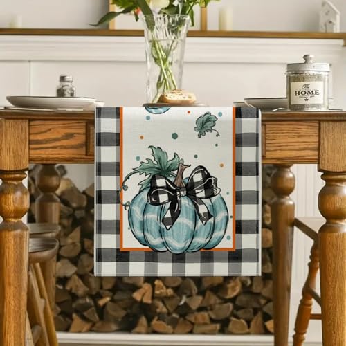 Blue Pumpkin Buffalo Plaid Fall Table Runner 13x72 Inch for Thanksgiving & Autumn Decor