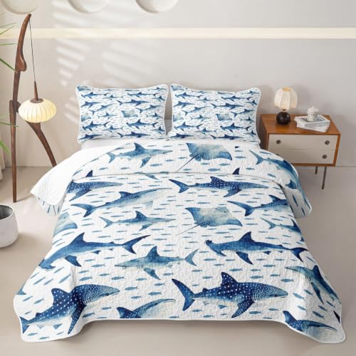 Twin Size Blue Shark and Stingray Quilt Set - Ocean Animal Bedspread for Kids, Blue & White