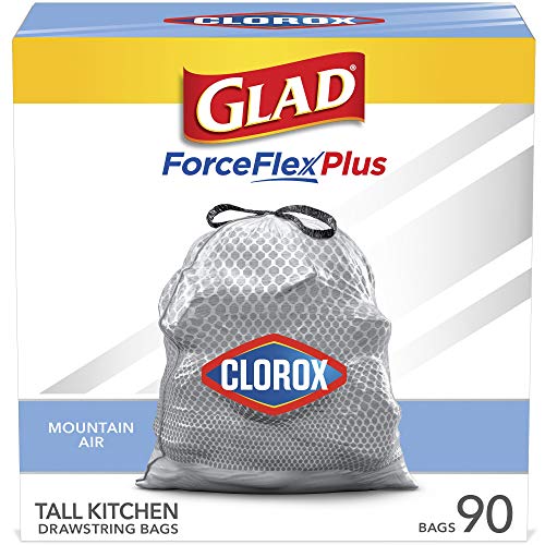 Glad Trash & Food Storage Tall Kitchen Trash Bags ForceFlexPlus With Clorox, 13 Gallon, Mountain Air 90 Count (Package May Vary),White-Gray